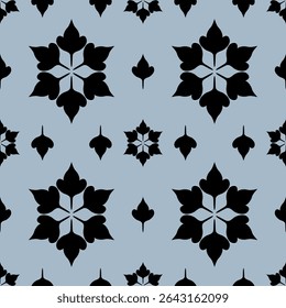 Seamless Abstract Folk Maple Leaves Black Ornament on Pale Blue Background. Minimal Nature Inspired Blooming Handicraft Sweater Repeat Winter Style Pattern for Knitting Scarf Tiles Wallpaper Monogram