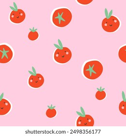 Nahtlose abstrakte frische Tomatenfrucht im Cartoon-Stil. Nettes trendiges Design. Vektorgrafik. Nahtloses Tomatenmuster.