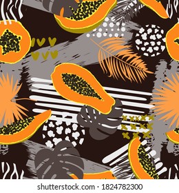 Seamless abstract fruit tropical pattern with palm leaves and papaya.