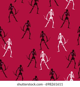 Seamless abstract funny pattern with silhouetted human skeletons as archers of love. Black and white standing figures with a bow and pink heart on dark red background.
