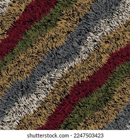 Seamless abstract fur pattern. Multicolored diagonal stripes in green, red, and yellow on black background. Rug modern design. Striped hairy texture. Vector image for textile, wrapping, print, and web