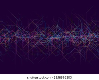 Seamless abstract futuristic circuit board with colorful random tangled streaming gradient thin lines. Artificial Intelligence, new technology development or big data concept. Vector background