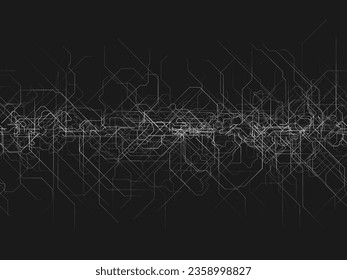 Seamless abstract futuristic circuit board with monochrome random tangled streaming gradient thin lines. Artificial Intelligence, new technology development or big data concept. Vector background