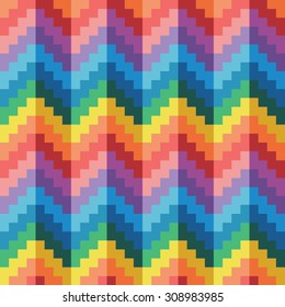 Seamless abstract geomatric pixel rainbow zigzag vector pattern