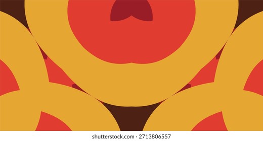 Seamless abstract geometric background with bold circular shapes in warm red, yellow, and brown tones.