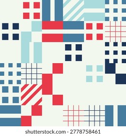 Seamless abstract geometric background featuring a playful composition of squares, stripes, and grid patterns in a vibrant red and blue color palette.