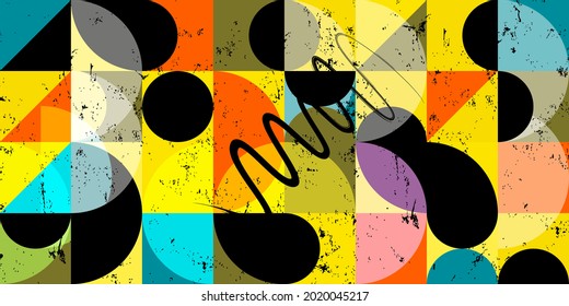 seamless abstract geometric background pattern, retro style, with circles, semicircle, squares, paint strokes and splashes