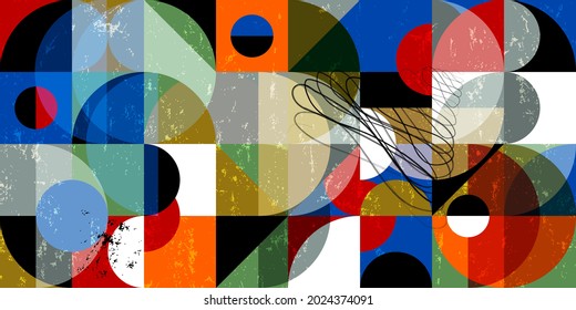 seamless abstract geometric background pattern, retro style, with circles, semicircle, squares, paint strokes and splashes