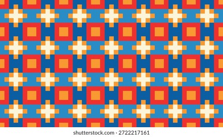 Fondo geométrico abstracto sin fisuras con cuadrados y motivos cruzados. Patrón geométrico repetitivo en un estilo retro colorido