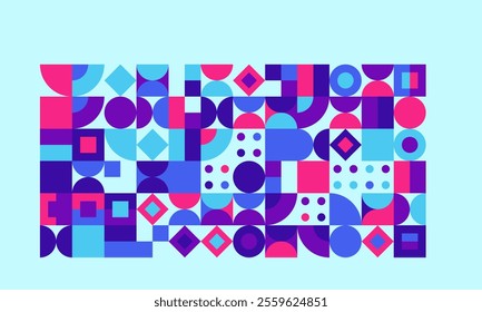 Seamless abstract geometric background in vivid pink, purple, and blue hues, ideal for bold graphic designs, creative posters, and contemporary digital layouts.