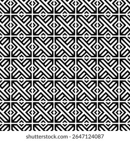 Seamless abstract geometric black and white pattern with interlocking lines and diagonal stripe elements.