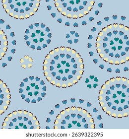 Seamless abstract geometric Blue theme circular Heart pattern texture backgrounds used for textiles, tiles, wallpapers, backgrounds