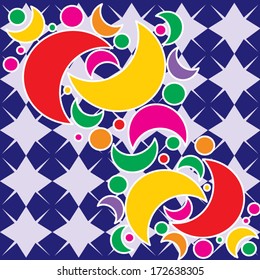 Seamless abstract geometric color pattern with stars and moons.