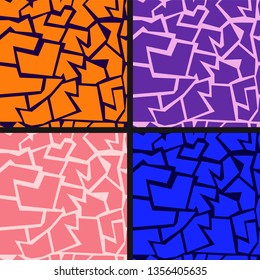 Seamless abstract geometric crack pattern set. Creative repeated endless textured ornament design collection with blue, orange, purple, pink versions. Suitable for wrap, print paper, fashion apparel