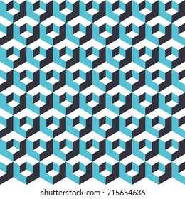 Seamless abstract geometric cubes optical illusion pattern texture. Turquoise and grey pattern.