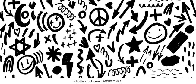 Seamless abstract geometric doodle pattern fashion 80-90s. Wavy and curly lines, dry brush stroke textured shapes. Zig zag, swirls and dots.  For used in printing, website background and fabric design