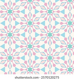 A seamless abstract geometric floral pattern featuring symmetrical shapes in pastel pink, blue, and mint green tones. This elegant design is perfect for wallpaper, fabric prints, digital backgrounds.