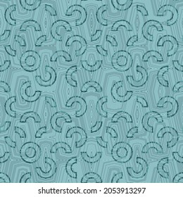 Seamless abstract geometric lace pattern with circles and semicircles. Vector illustration with blue and green line texture on a blue background for wallpaper, home decor and web.