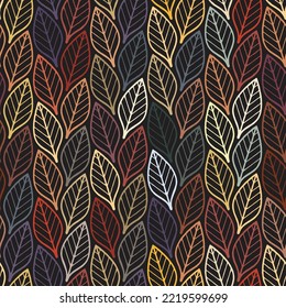 Seamless abstract geometric leaves pattern. Hand drawn multicolor foliage on a black background. Vector image. Great for textile, wrapping, print, web, and decorative projects.