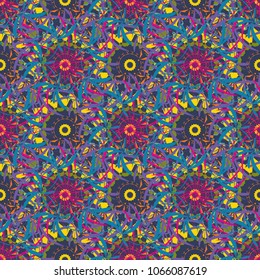 Seamless abstract geometric Mandala pattern. Traditional oriental ethnic ornament, blue, violet and magenta batik colors background. Vector textile design.