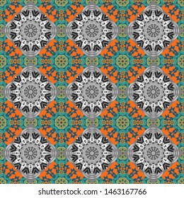 Seamless abstract geometric Mandala pattern. Traditional oriental ethnic ornament, blue, gray and orange batik colors background. Vector textile design.