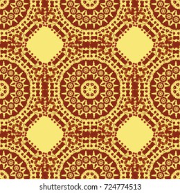 Seamless abstract geometric Mandala pattern. Traditional oriental ethnic ornament, brown, yellow and red batik colors background. Vector textile design.