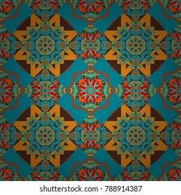 Seamless abstract geometric Mandala pattern. Traditional oriental ethnic ornament, green, blue and orange batik colors background. Vector textile design.