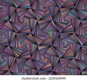 Seamless abstract geometric multicolor pattern. Striped wavy elements with stripes in pink, light blue, purple violet, and lilac. 3d origami style. Stylish decorative vector illustration.