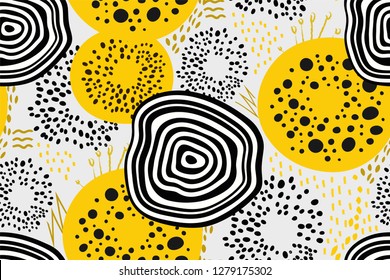 Seamless abstract geometric and nature-inspired shapes in black, bright yellow and white color. Drawn geometric shapes on white background. Creative design, Wallpaper, modern print. Vector.