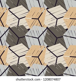 Seamless abstract geometric pattern. 3D cubes. Mosaic texture. Brushwork. Hand hatching. Can be used for wallpaper, textile, invitation card, wrapping, web page background.