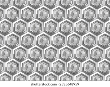 Un patrón geométrico abstracto sin fisuras con Formas hexagonales 3D en tonos de gris. Ideal para fondos modernos y diseños de Fondo de pantalla.