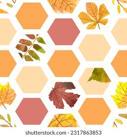 Seamless abstract geometric pattern with autumn leaves. Vector hexagon background. Fall design