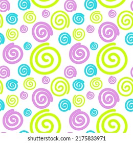 Seamless abstract geometric pattern. Background on green, yellow, blue, purple, white. Vector illustration. Lines, swirls. Design for textile fabrics, wrapping paper, background, wallpaper, cover.