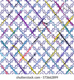 seamless abstract geometric pattern background, with quatrefoil, strokes and splashes
