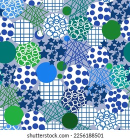 Seamless abstract geometric pattern with balls, lines and stars. Vector art.