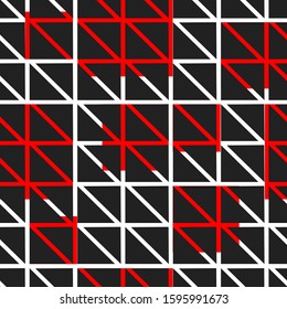 Seamless abstract geometric pattern with black triangles and red squares on a white background with lines. Stock vector illustration for decoration and design, wrapping paper, wallpaper, fabrics