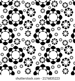 Seamless abstract geometric pattern. Black, white colors. Vector illustration. Polygons, circles, flowers, lace. Design for textile fabrics, wrapping paper, background, wallpaper, cover.