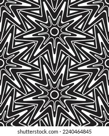 Patrón geométrico abstracto sin inconvenientes con estrellas repetitivas en blanco y negro al estilo mandala. Ilustración decorativa vectorial. Genial como fondo o textura.