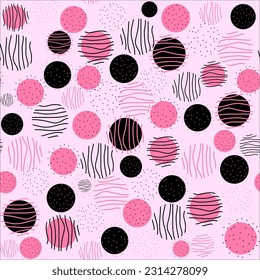 Seamless abstract geometric pattern, black and pink circles, polka dots, stripes and dots.