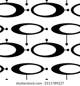 Seamless abstract geometric pattern. Black, white. Vector illustration. Ovals, circles, lines, dots texture. Design for textile fabrics, wrapping paper, background, wallpaper, cover.