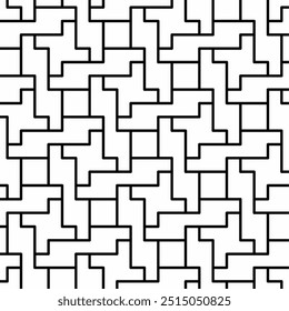 Seamless abstract geometric pattern with black lines interlocking and forming a maze on a white background. Suitable for various creative projects or decorative elements.