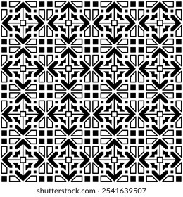 Seamless abstract geometric pattern in black and white, consisting of simple geometric shapes arranged repeatedly to form a complex pattern. Suitable for backgrounds, wallpapers, textiles, etc.