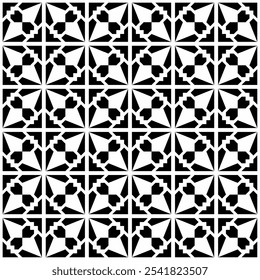 Seamless abstract geometric pattern in black and white, consisting of simple geometric shapes arranged repeatedly to form a complex pattern. Suitable for backgrounds, wallpapers, textiles, etc.