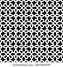Seamless abstract geometric pattern in black and white, consisting of simple geometric shapes arranged repeatedly to form a complex pattern. Suitable for backgrounds, wallpapers, textiles, print, etc.