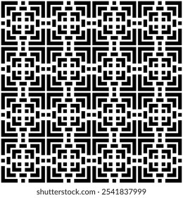 Seamless abstract geometric pattern in black and white, consisting of simple geometric shapes arranged repeatedly to form a complex pattern. Suitable for backgrounds, wallpapers, textiles, print, etc.