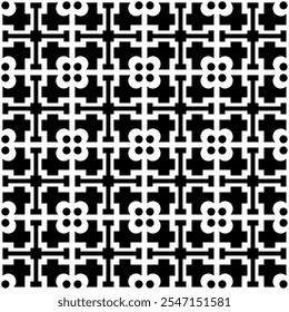 Nahtloses abstraktes geometrisches Muster in Schwarz-Weiß, bestehend aus sich wiederholenden symmetrischen Formen. Geeignet für Hintergründe, Tapeten, Textildesigns, Drucke, dekorative Projekte usw.