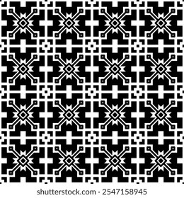 Seamless abstract geometric pattern in black and white, consisting of repeating symmetrical shapes. Suitable for backgrounds, wallpapers, textile designs, prints, decorative projects, etc.