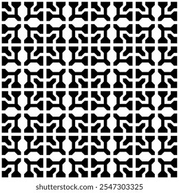 Seamless abstract geometric pattern in black and white, consisting of repeating symmetrical shapes. Suitable for backgrounds, wallpapers, textile designs, prints, decorative projects, etc.