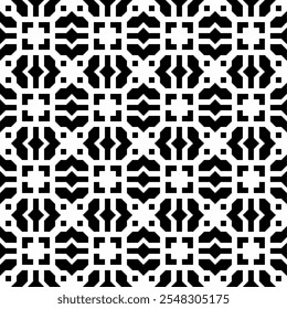 Patrón geométrico abstracto sin fisuras en blanco y negro, que consiste en repetir Formas simétricas. Adecuado para fondos, Fondos de pantalla, diseños textiles, impresiones, proyectos decorativos, etc.