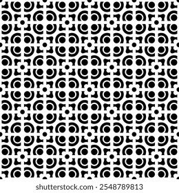 Padrão geométrico abstrato contínuo em preto e branco, consistindo em formas simétricas repetidas. Adequado para fundos, papéis de parede, desenhos têxteis, impressões, projetos decorativos, etc.